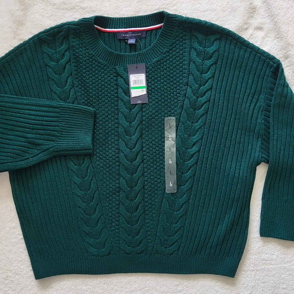 Tommy Hilfiger Bobbi Women's Large Forest Green Cable Knit Crewneck Sweater New